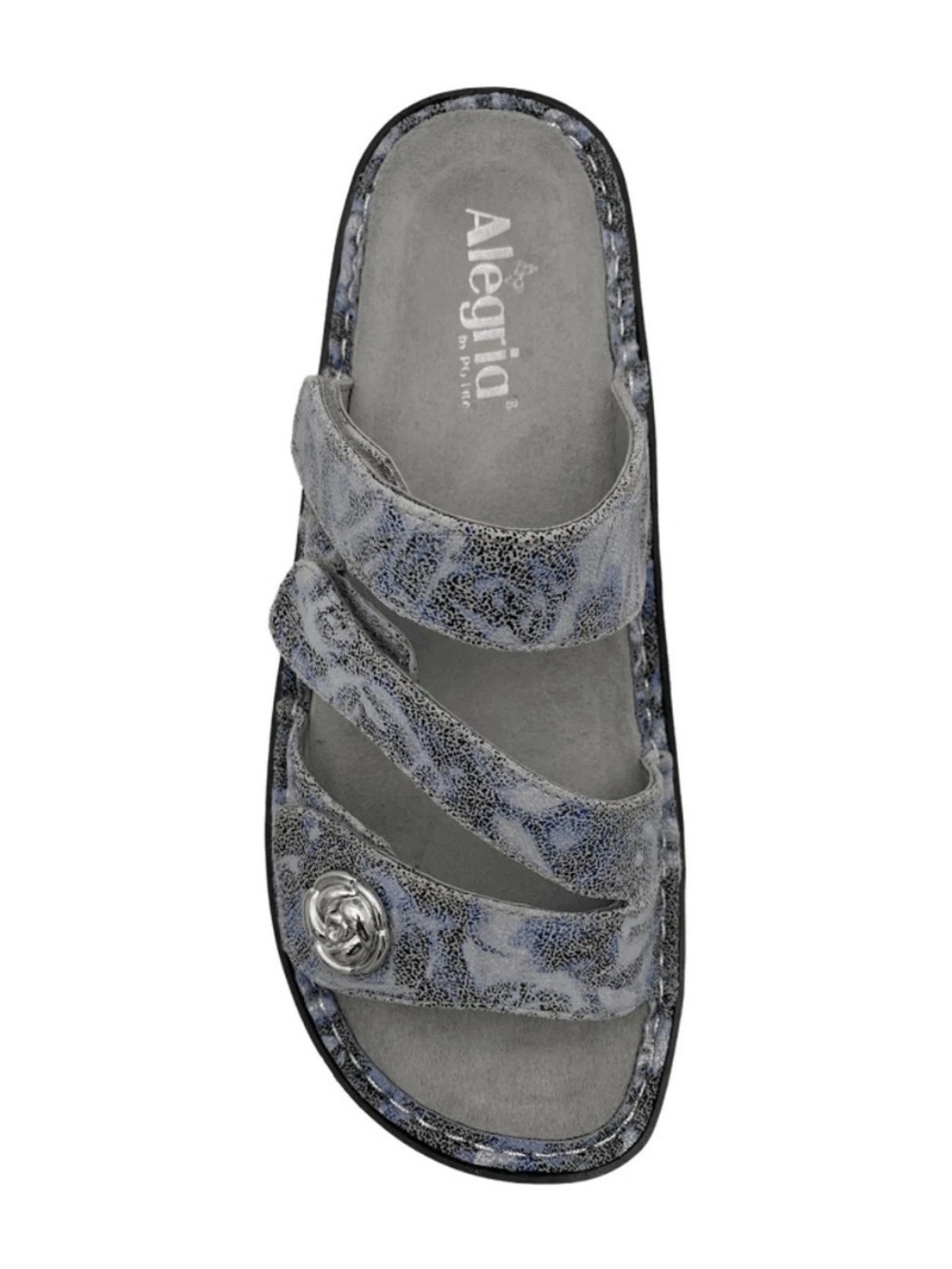 Alegria Blue Gray Slip-On Triple-Strap Sandal